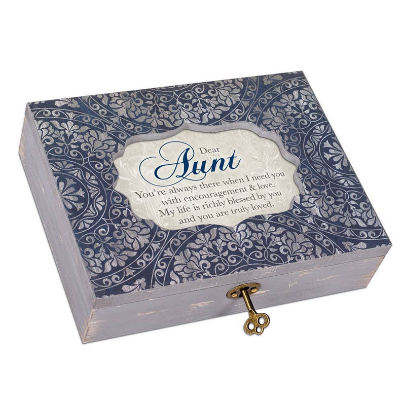 Blue floral keepsake box with hinged lid and oval 'Dear Aunt' love note label