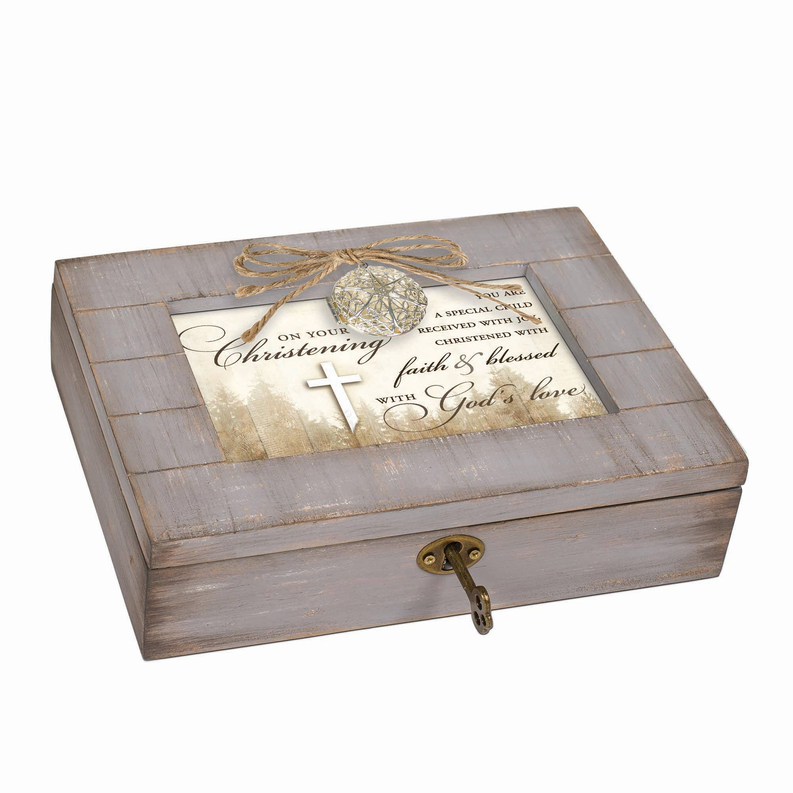 Gray distressed wooden keepsake music box with engraved lid and twine bow