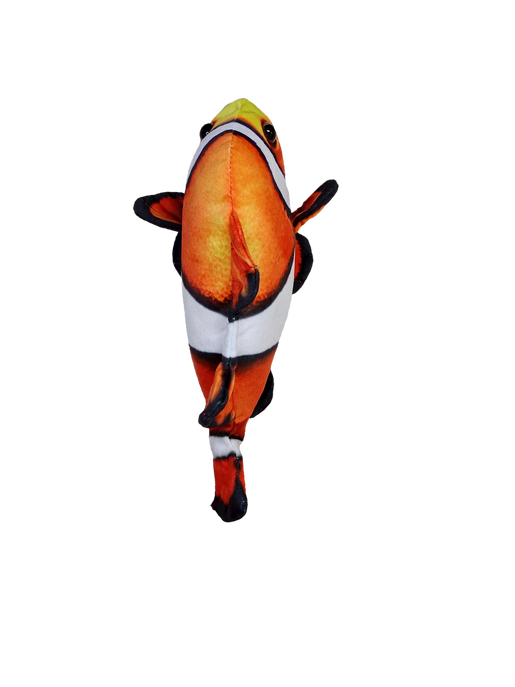 Orange and white clownfish plush stuffed animal with black fins, vertical front view