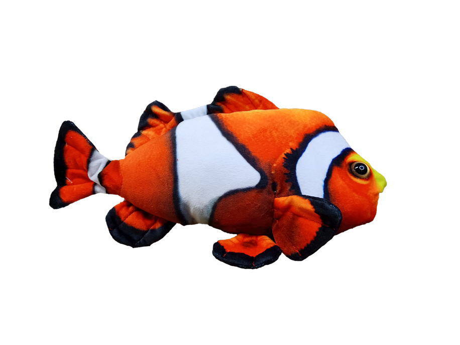 Orange and white clownfish plush stuffed animal with black fins, side view