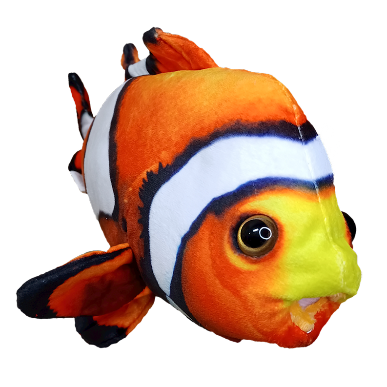 Close-up orange, white, and black clownfish plush face with big round eye