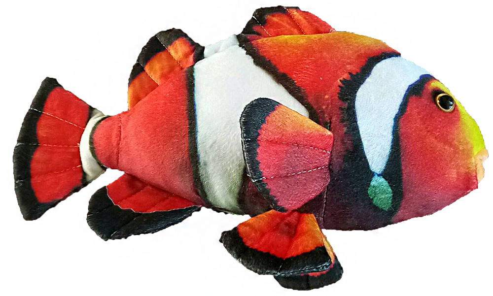 Multicolor clownfish plush stuffed animal with orange body, white stripes, black fins