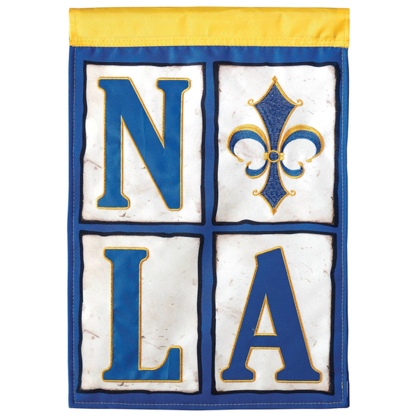 Decorative fabric banner with blue letter tiles N, L, A and fleur-de-lis emblem