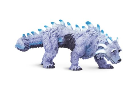Icy blue-gray dragon figurine with spiked back and curled tail, side view