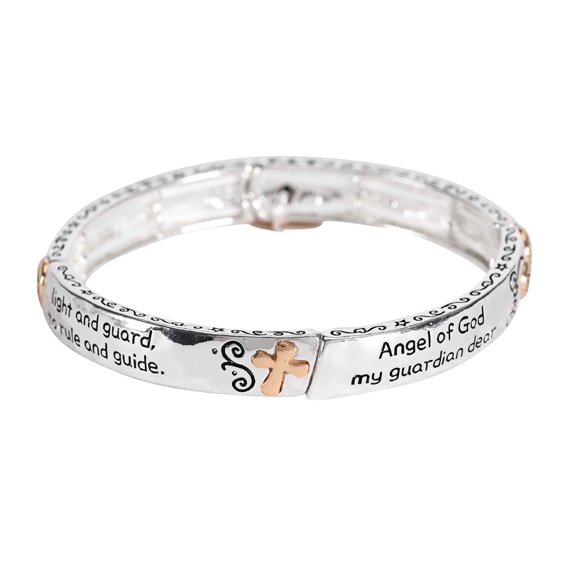 Silver-tone stretch bracelet with black scripture print and angel-wing medallion charm