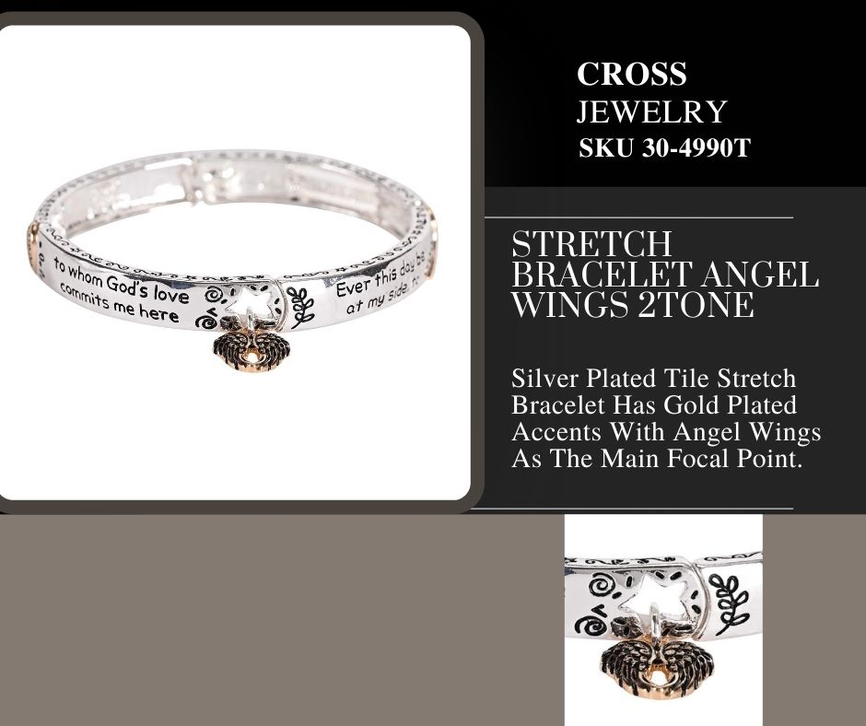 Silver-tone stretch bracelet with black script print and gold-tone angel charm