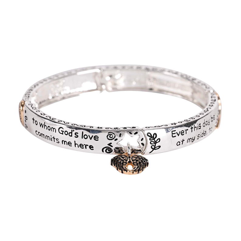Silver-tone stretch bracelet with black script and gold-tone angel centerpiece