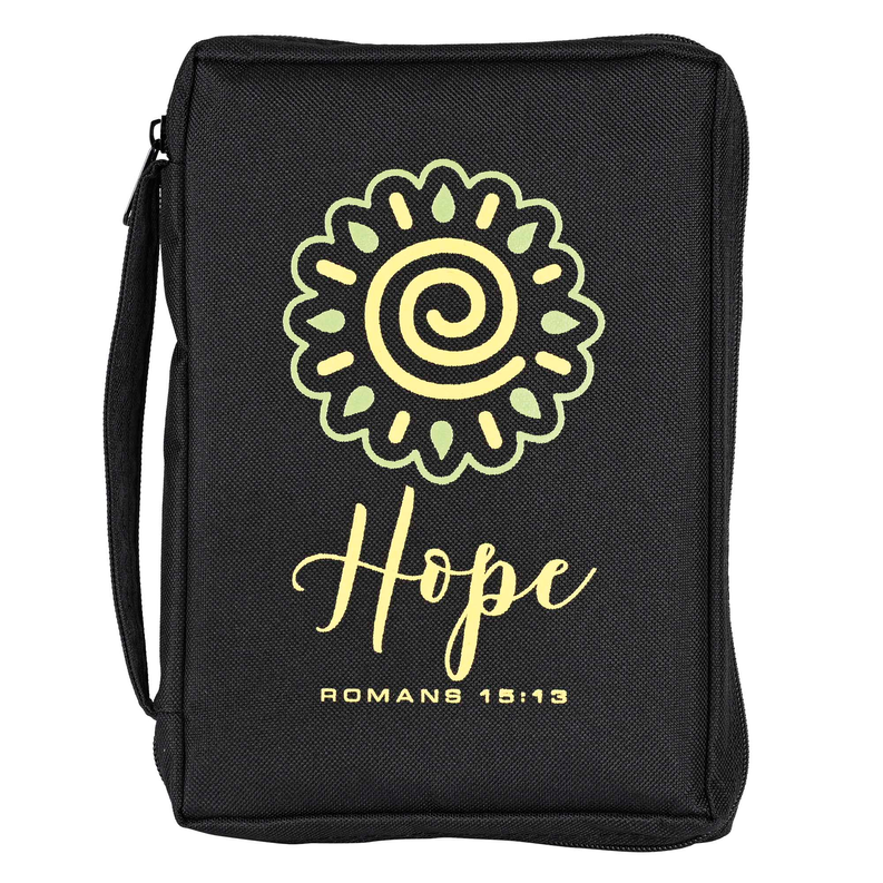 Large black Bible case with flower Hope print and Romans 15:13 text.