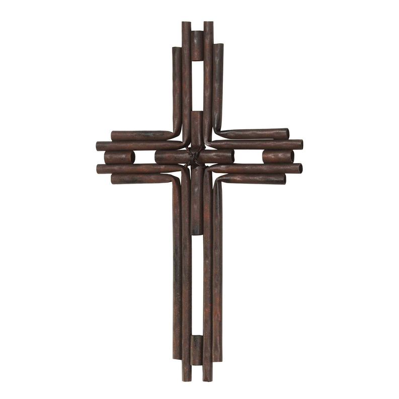 Rustic metal wall cross with dark brown finish, decorative staggered bars
