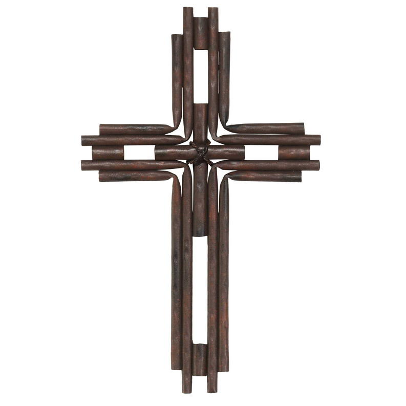 Metal wall cross decoration with layered bars and dark brown weathered look