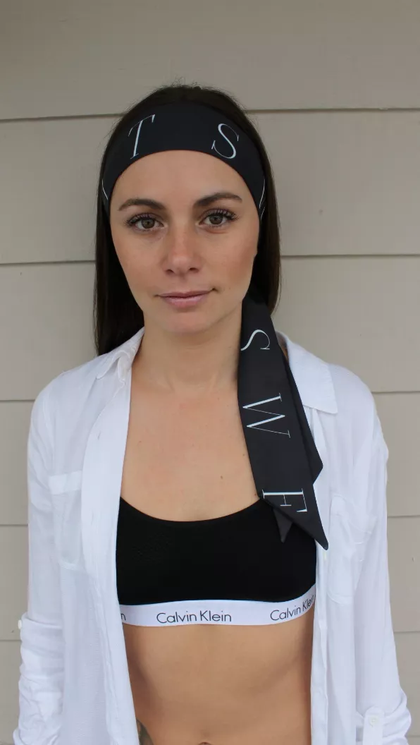 Black headtie with light geometric print, front view