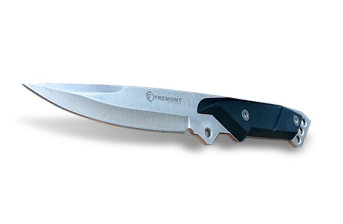 Stainless steel folding knife with black handle and silver pins