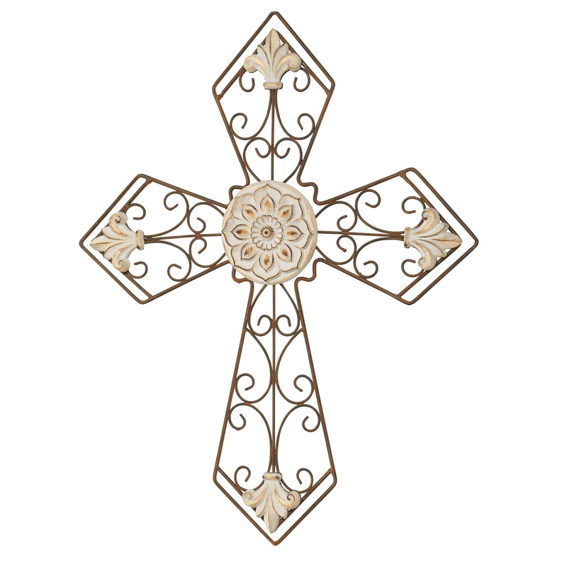Wall cross metal wall decor with scroll arms and round floral medallion, dark bronze patina.
