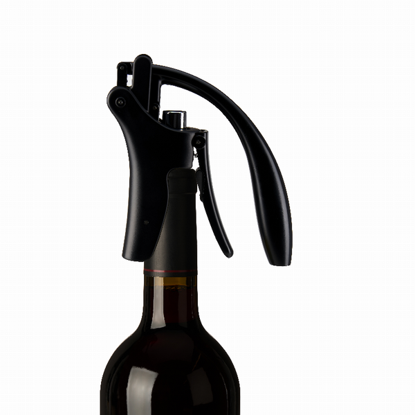 Black lever corkscrew by True with curved handle and metal opener on a wine bottle