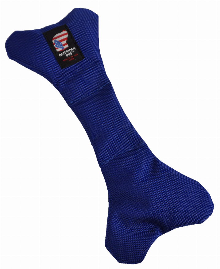 Bad To Da Bone small blue dog bone toy with fabric label