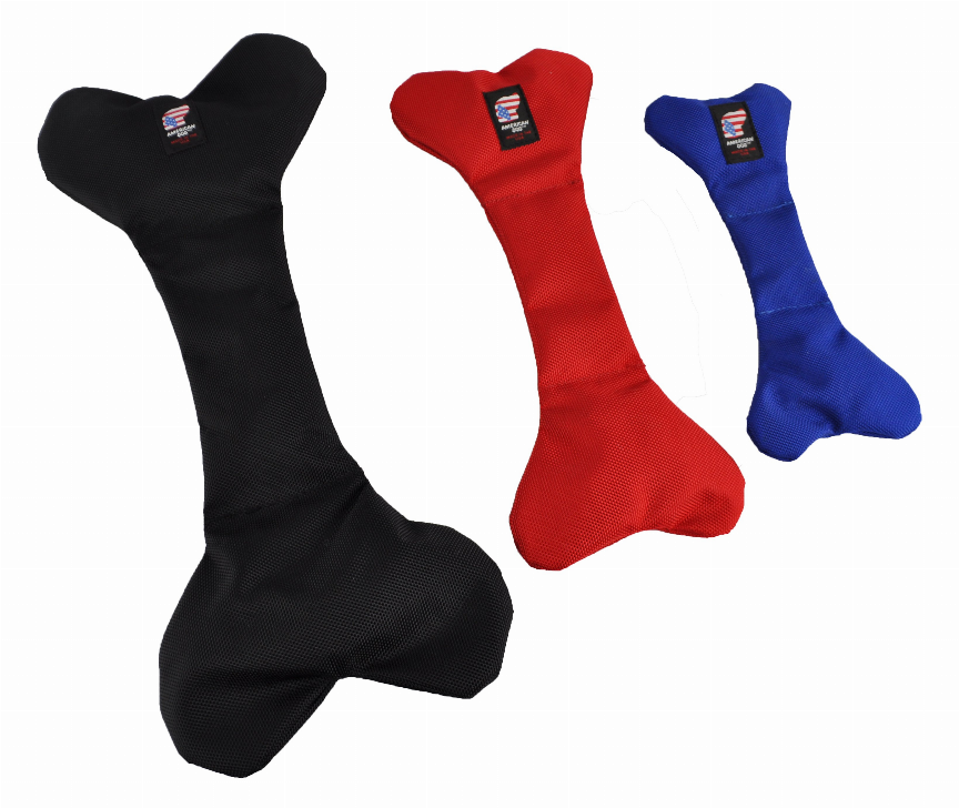 Small dog bone toys in blue, red, and black with brand fabric tags