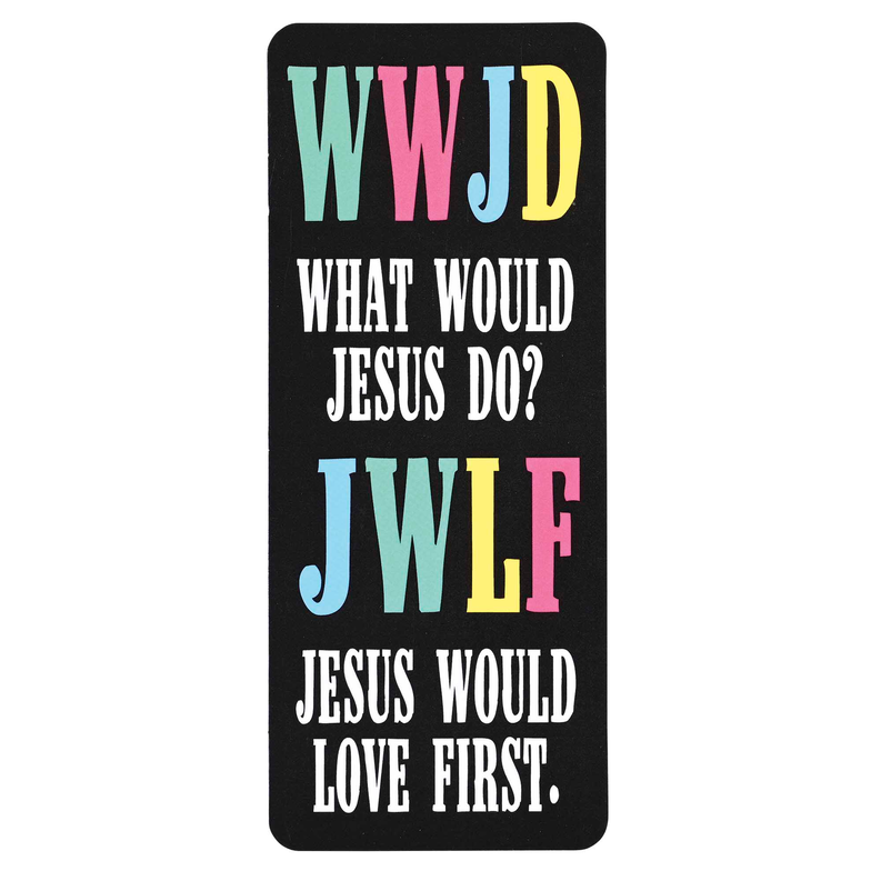 Colorful WWJD and 'Jesus Would Love First' text bookcard on black background