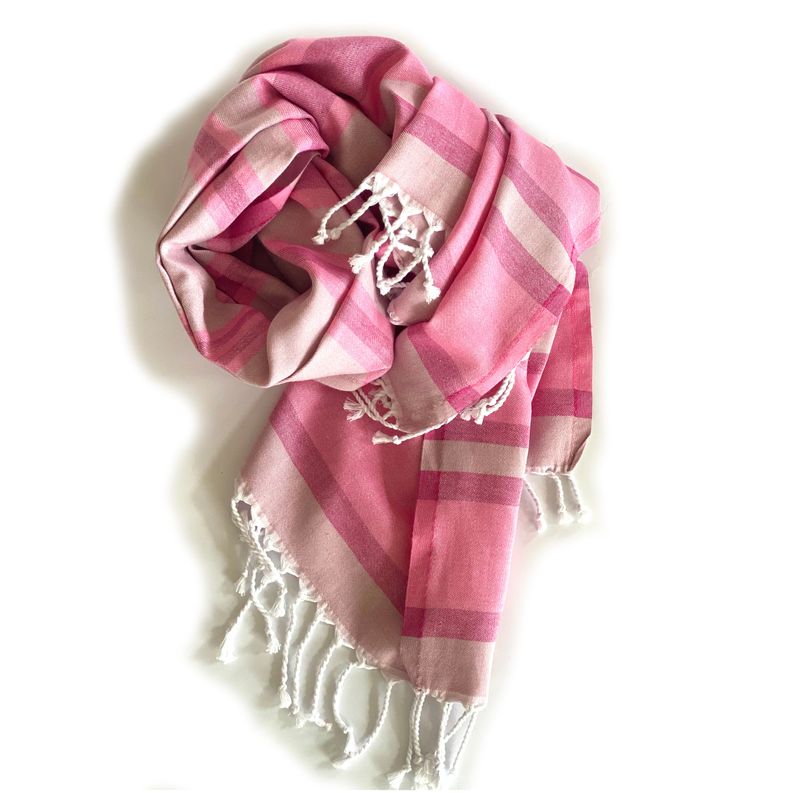 Pink Turkish towel scarf with wide check stripes and white tassel fringe