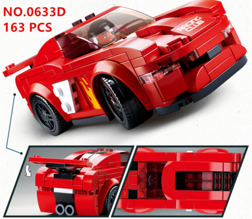 Red brick-built sports car model with flame decal, black wheels and glass cockpit