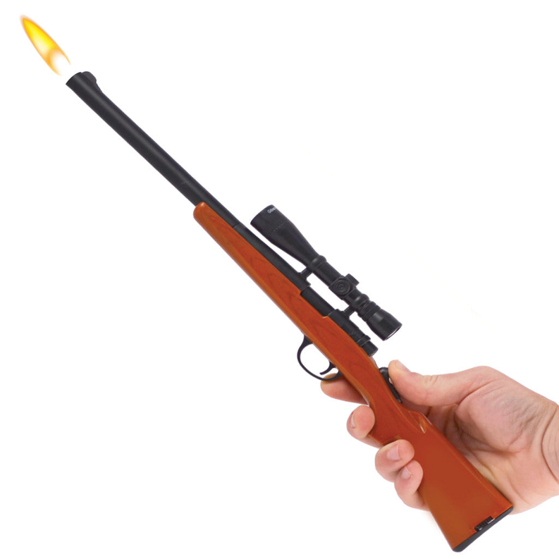 Handheld bolt-action rifle BBQ lighter with flame tip and black barrel