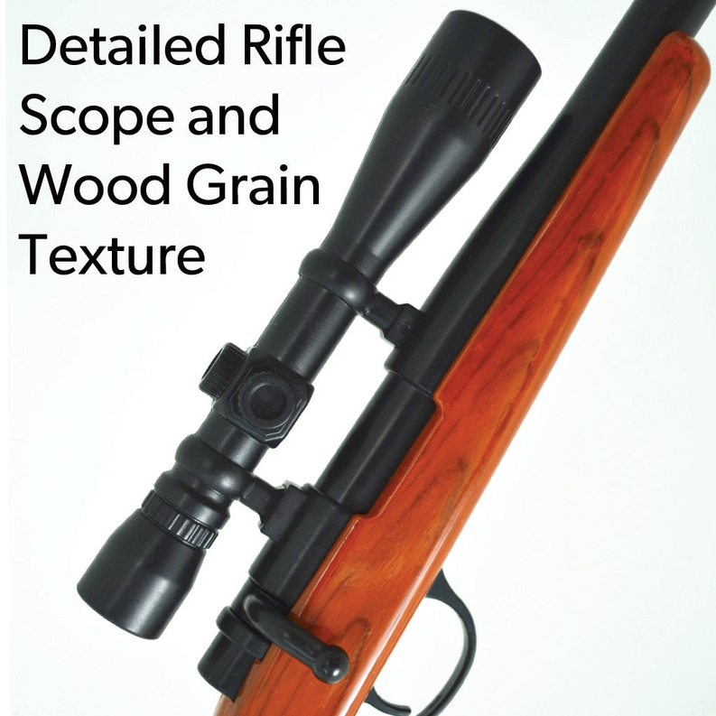 Bolt-action rifle BBQ lighter with black scope and reddish wood-grain stock