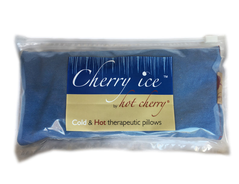 Blue denim eye pillow in zip freezer bag with therapeutic cold & hot label