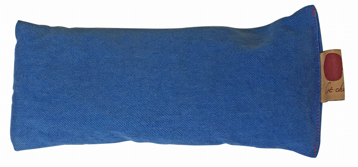 Blue denim eye pillow with pointed ends and Hot Cherry tag