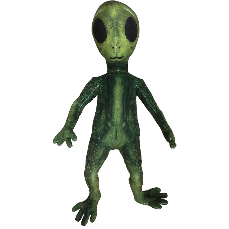 Green alien plush stuffed animal, 18-inch tall with big black eyes and stitched mouth