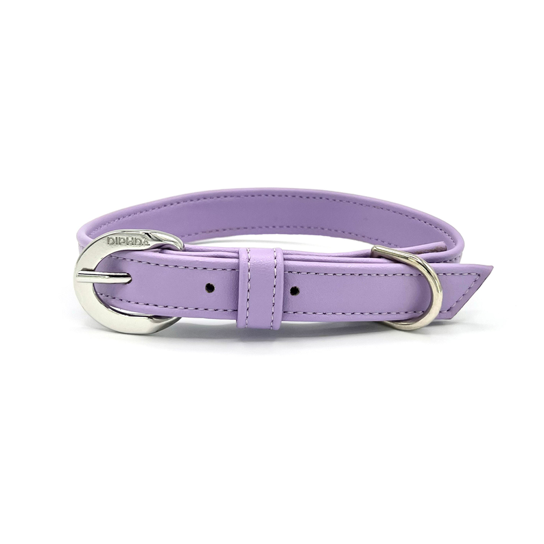 Lavender dog collar with gold buckle and D-ring, stitched leather strap