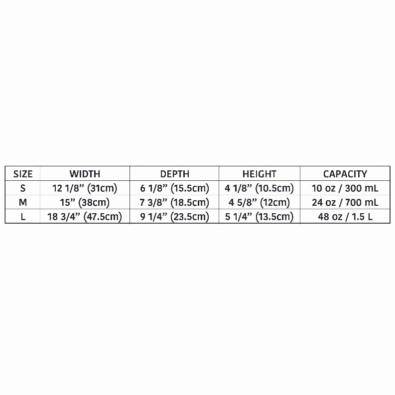 Feeder size chart with width, depth, height, and capacity for S and M sizes