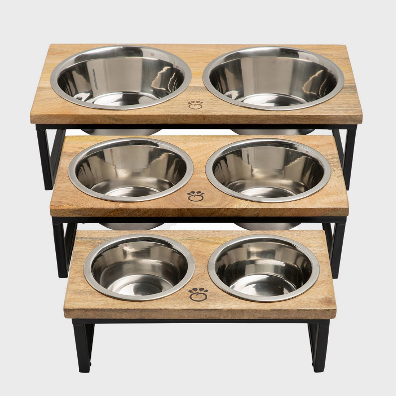 Stacked elevated pet feeder with six stainless steel bowls, natural wood tiers and black frame