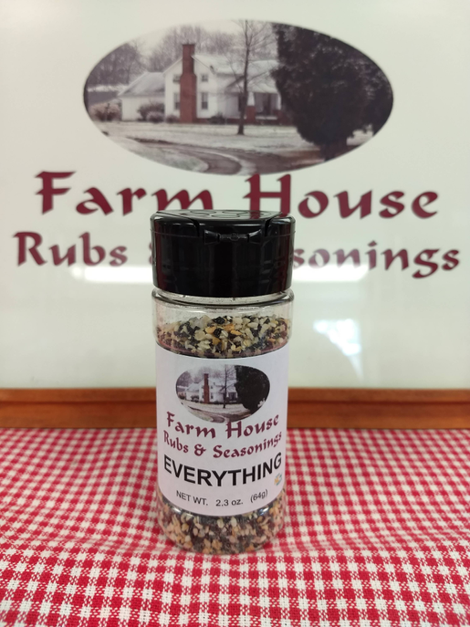 Everything seasoning spice blend bottle with red label, "Farm House" and "EVERYTHING"