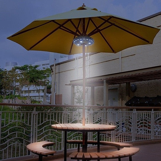 Glowing LED ring patio umbrella light at center of open umbrella, dark housing