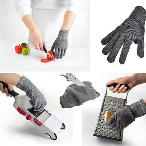 Gray cut-resistant kitchen glove, textured knit grip on fingertips and palm