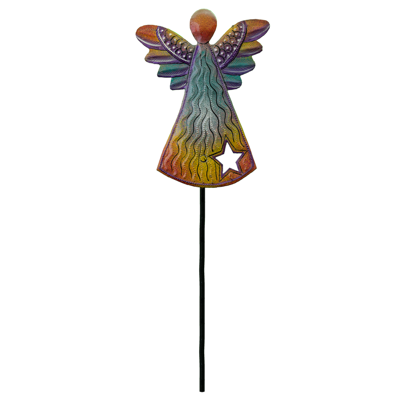 Multi-color painted metal angel garden stake with star detail on front