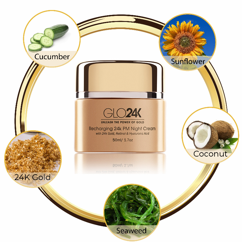 Gold GLO24 night cream jar with ingredient icons: cucumber, sunflower, coconut, seaweed