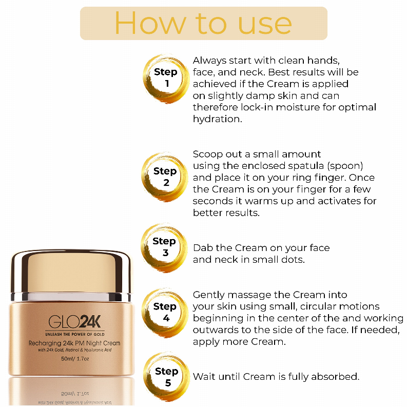 Gold GLO24 night cream jar with step-by-step usage icons