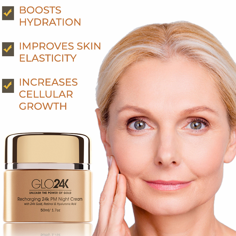 Gold GLO24 night cream jar beside close-up smiling face