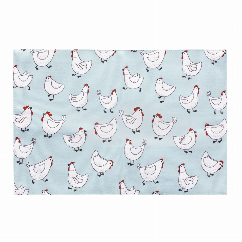 Polyester placemat, light blue with white chicken pattern and red accents