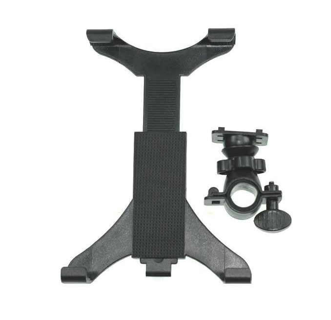 Bike-mounted tablet holder stand, black clamp and cradle with straps