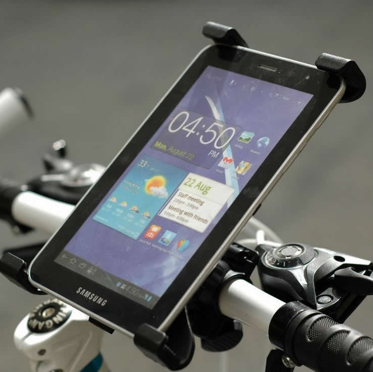 Bike-mounted tablet holder stand with tablet in black handlebar mount