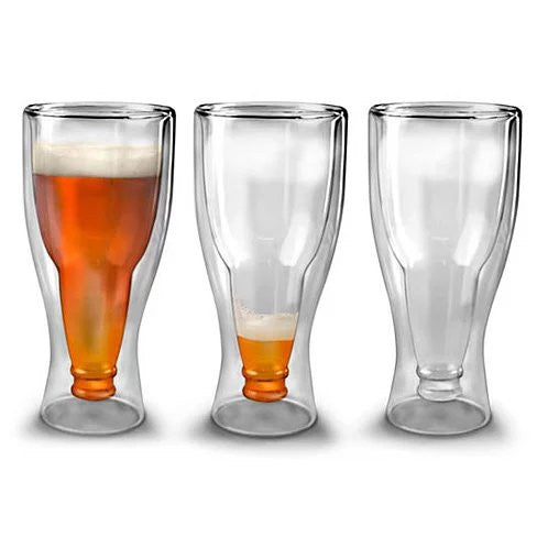 Three stemmed beer tulip glasses, left glass amber and others lighter