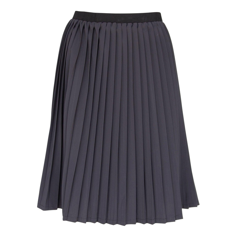 Black pleated midi skirt with elastic waistband, full skirt view