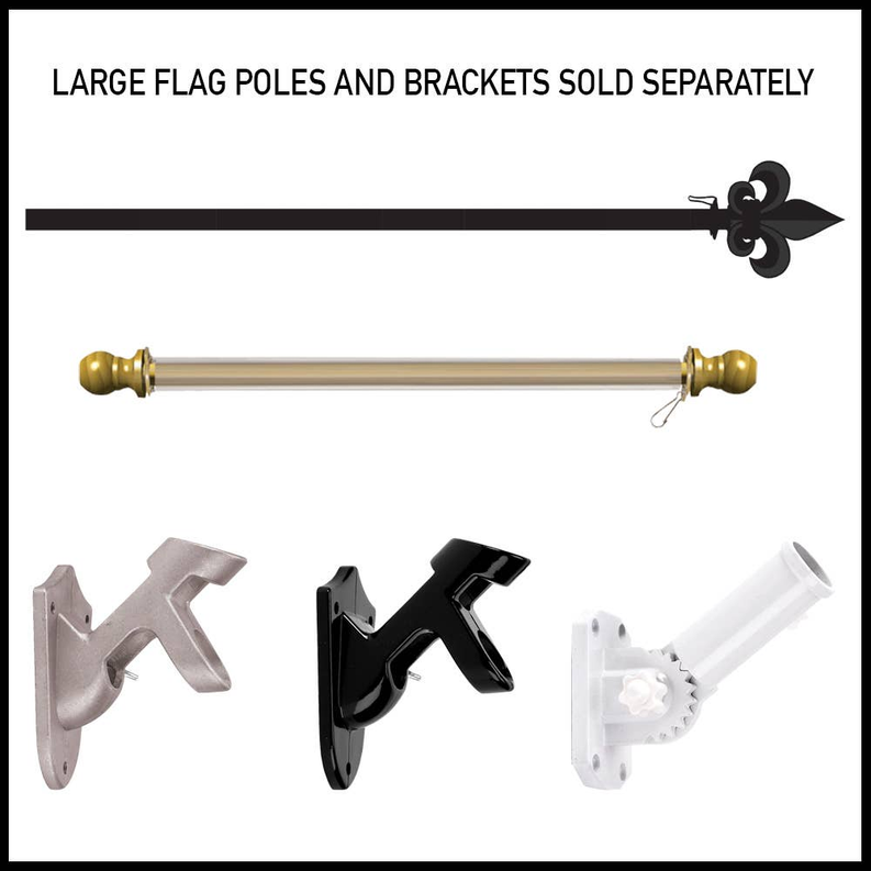 Flag pole and bracket hardware components in black and white, sold separately