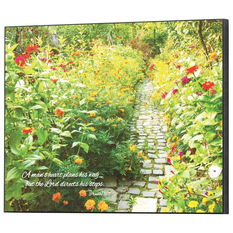 Rectangular wall plaque with floral garden path and cursive scripture text at bottom