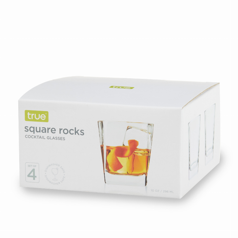 Clear square rocks cocktail glass, thick square base, smooth rounded rim