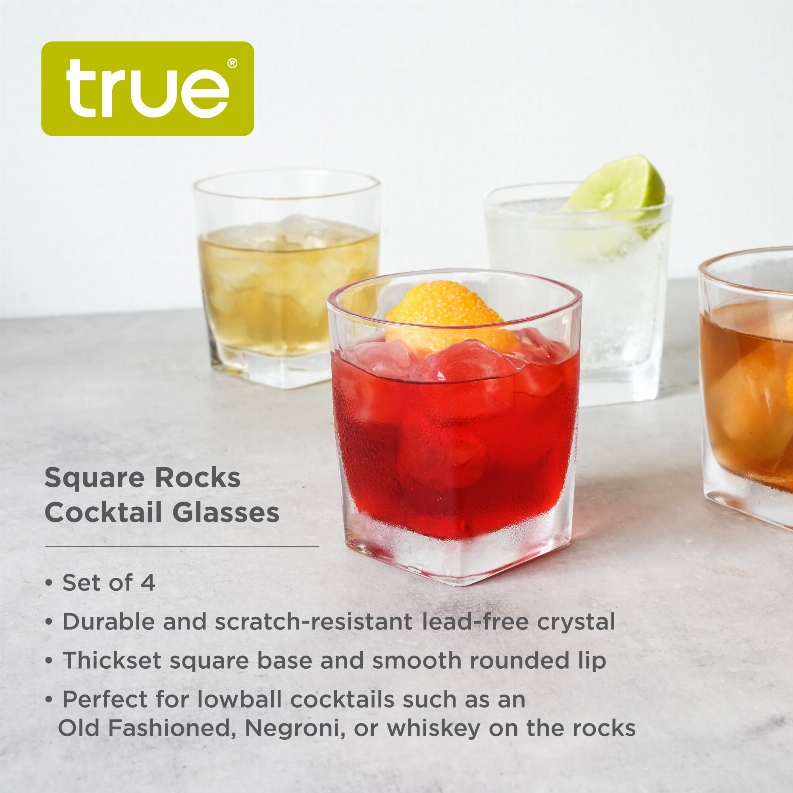 Set of four square rocks cocktail glasses with red, orange, and clear drinks