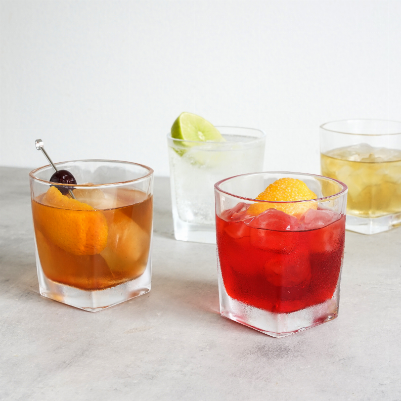 True square rocks cocktail glasses box with one square glass shown