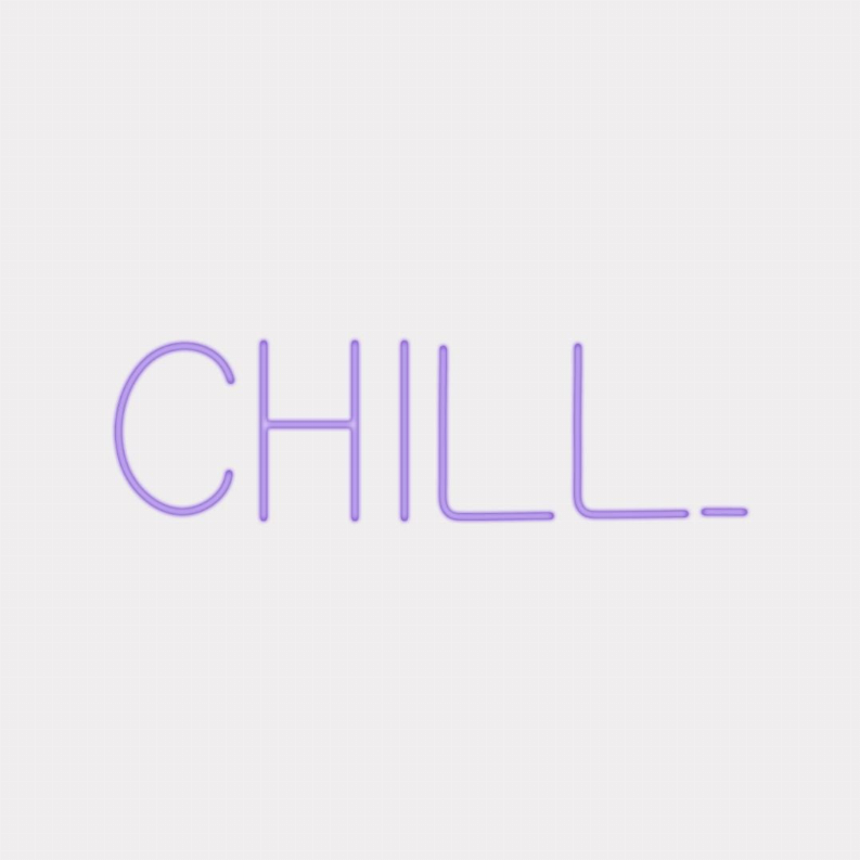 CHILL LED neon sign close-up, purple-blue illuminated text