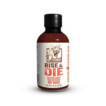 Rise & Die hot sauce bottle with black cap and bold red label front